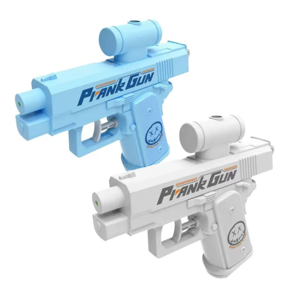 Two toy guns, one blue and one white, with 'Prank Gun' branding on a white background.