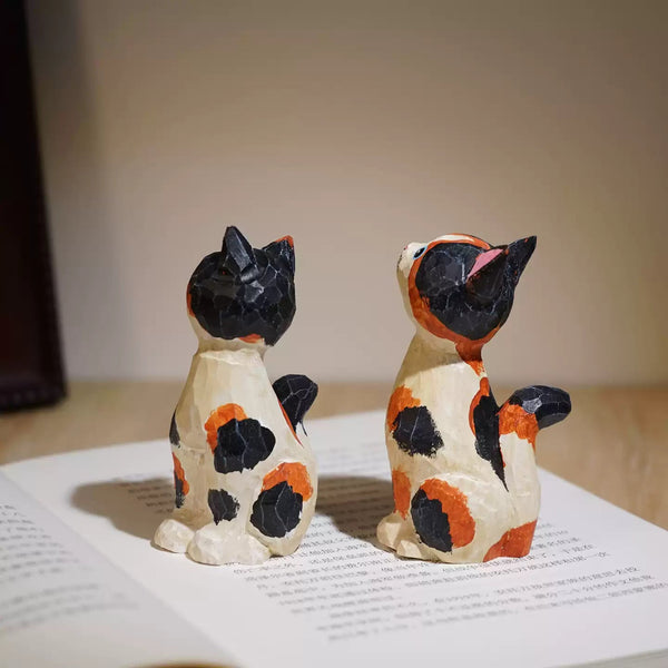 Hand-Carved Wooden Calico Cat Figurine FantastiKurios