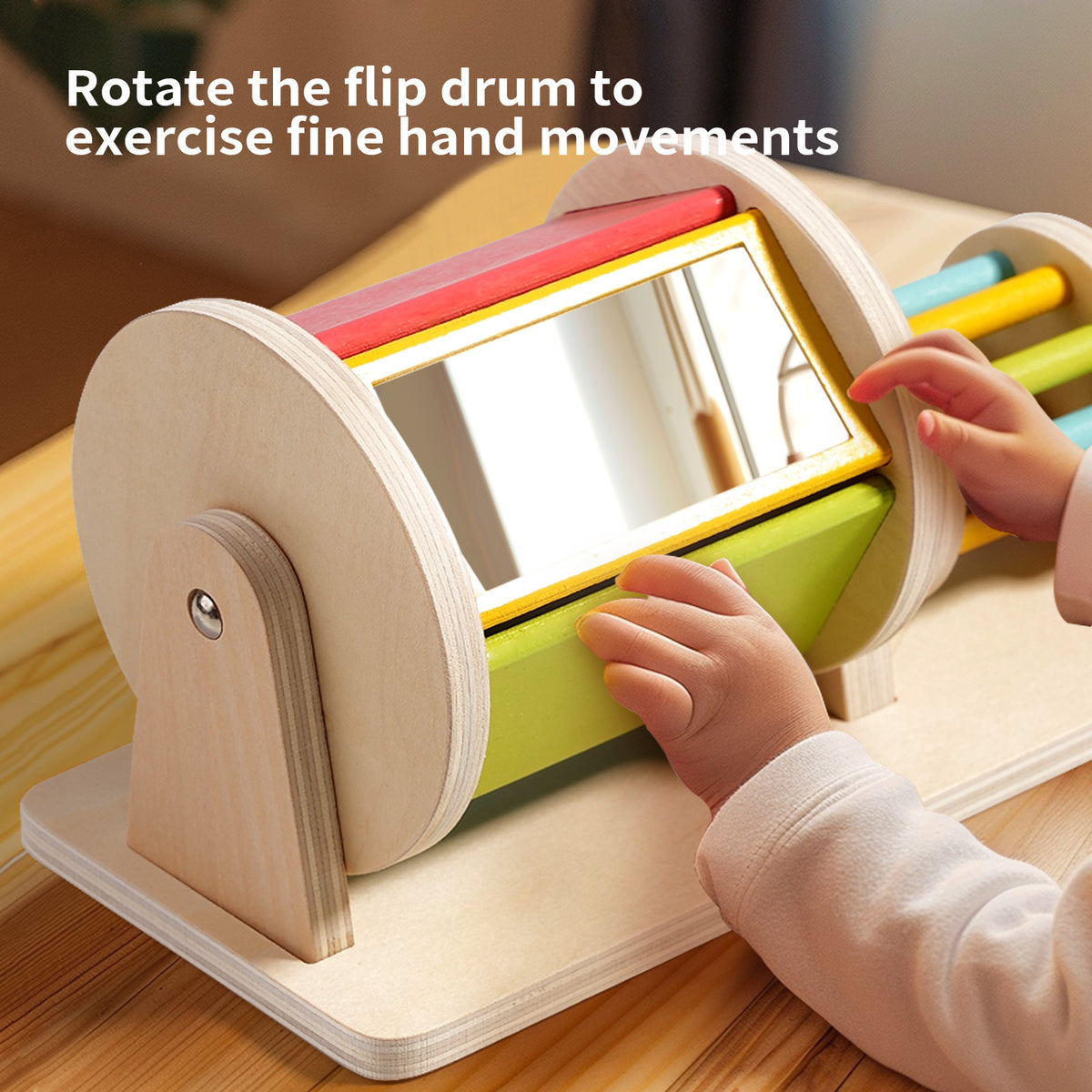 Wooden Montessori Rotating Sensory Drum with Safety Mirror