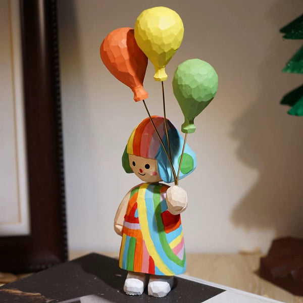 Hand-Carved Colorful Girl and Balloons Wooden Figurine FantastiKurios