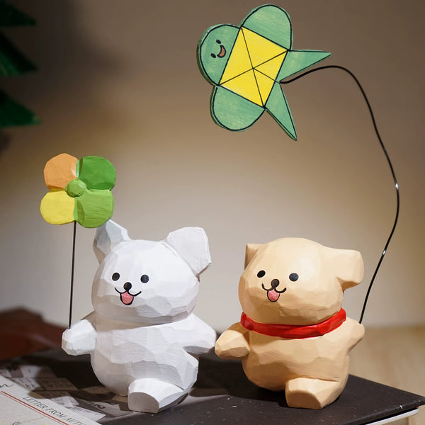 Hand-Carved Wooden Playful Puppy Figurine