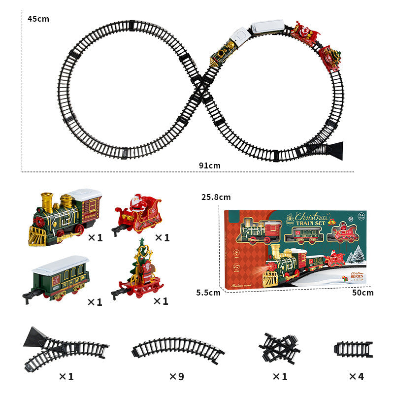 Toy train set with tracks and packaging, including dimensions.