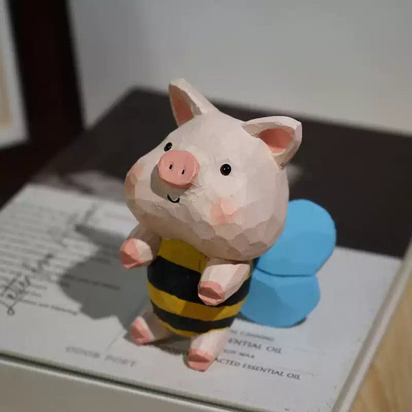 Hand-Carved Wooden Bee Pig Figurine FantastiKurios