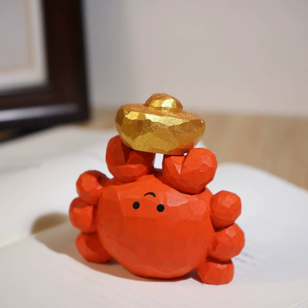 Hand-Carved Wooden Crab with Gold Ingot Ornament