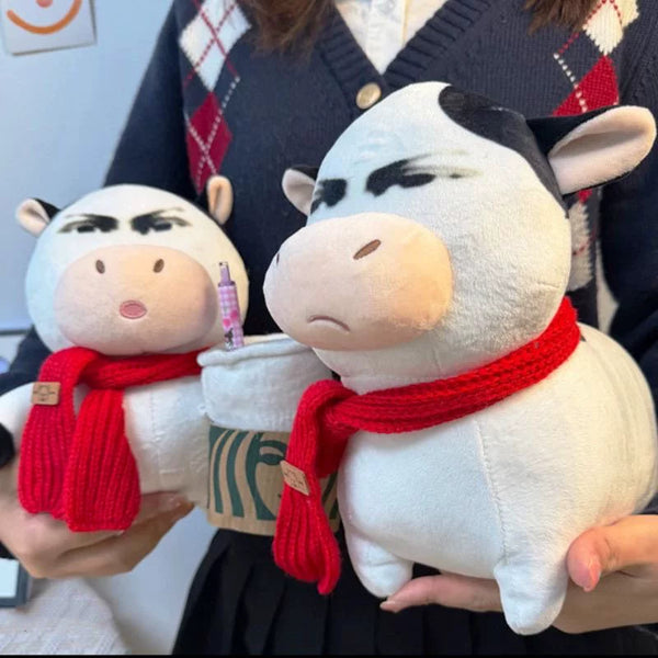 Skeptical Cow Plush Toy with Red Scarf
