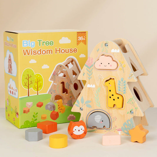 Wooden toy set with 'Big Tree Wisdom House' packaging on a beige background