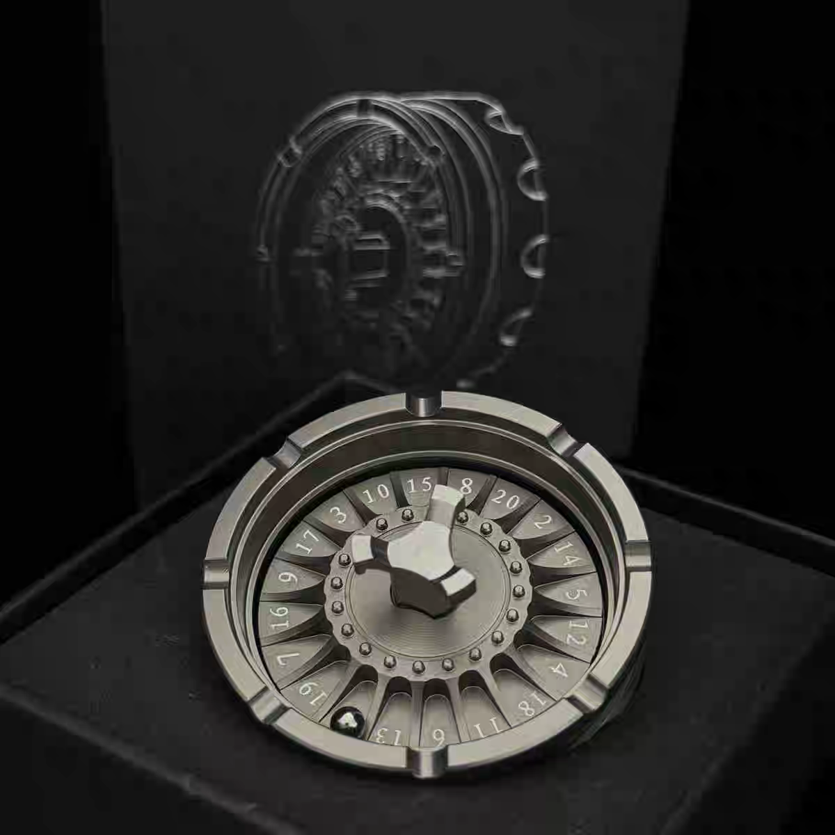 Metallic spinner toy on a black background