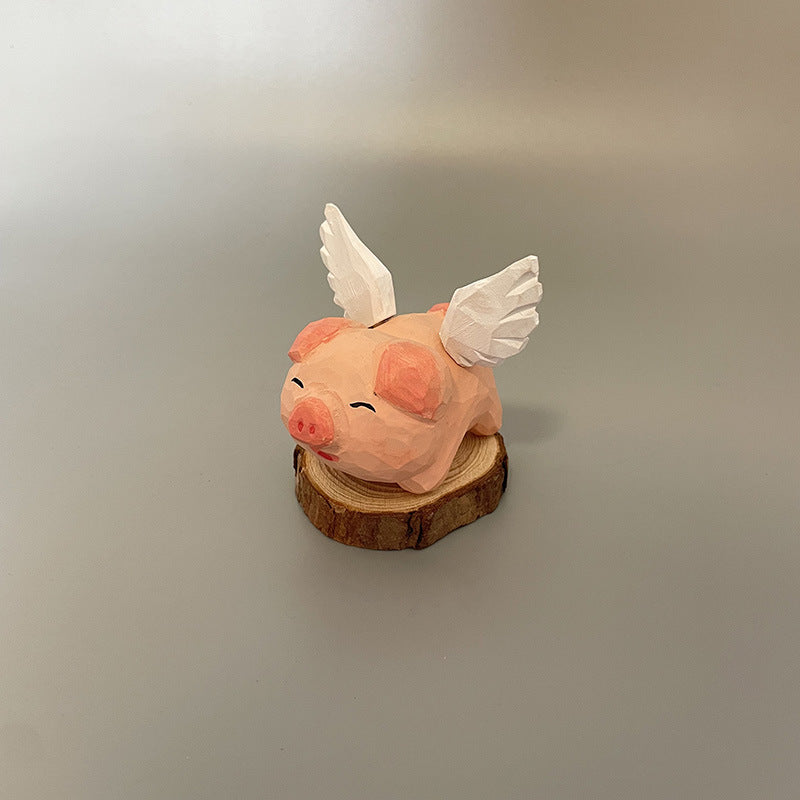 Hand-Carved Wooden Flying Pig Figurine