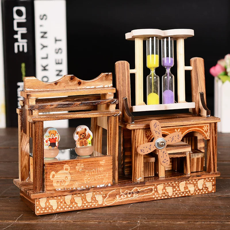 Wooden Windmill & Hourglass Music Box