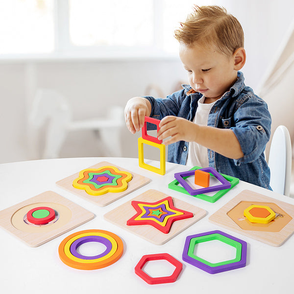 Rainbow Wooden Geometric Stacking Puzzle – 6-Piece Shape Sorting Set