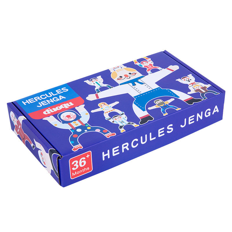 Hercules Jenga toy packaging with cartoon characters on a white background