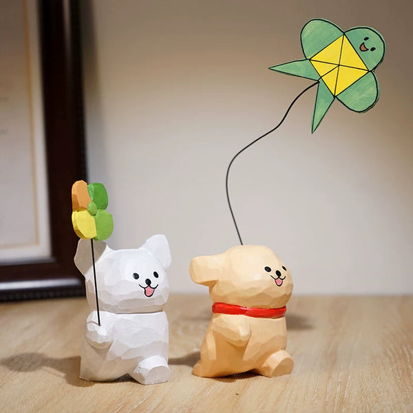Hand-Carved Wooden Playful Puppy Figurine
