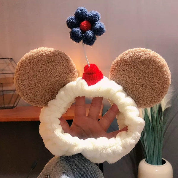 Plush Mouse Ears & Flower Skincare Headband