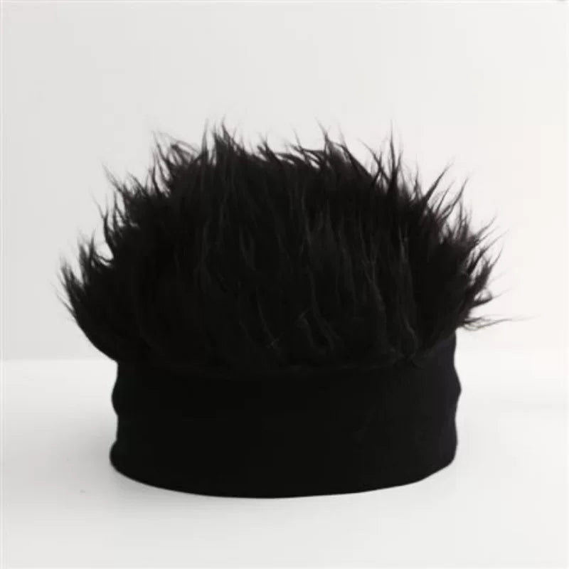 Black beanie with spiky hair extensions on a white background