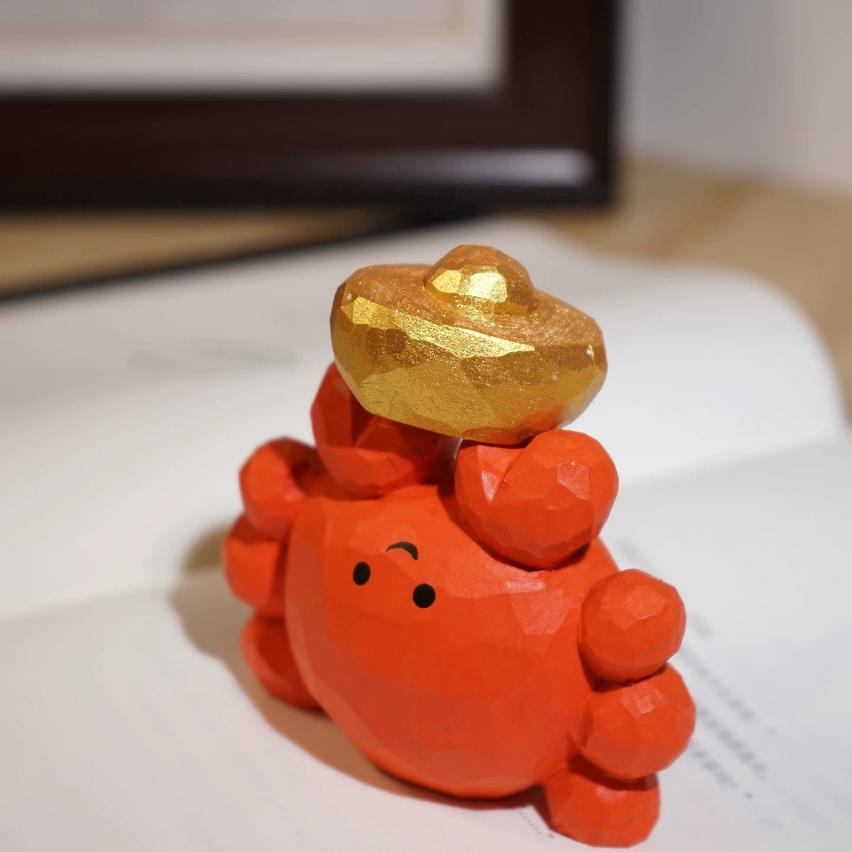 Hand-Carved Wooden Crab with Gold Ingot Ornament