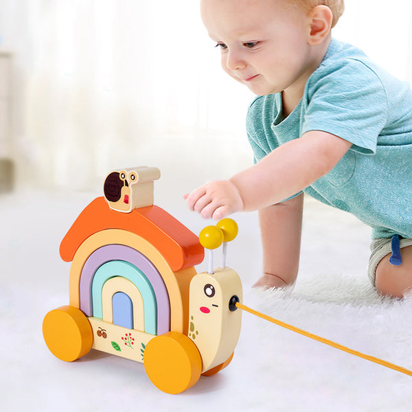 Pastel Rainbow Snail – Wooden Pull-Along & Stacker Toy