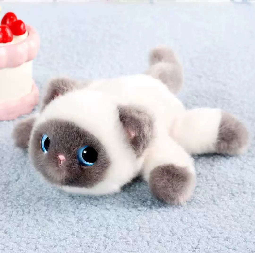 Stuffed cat toy with large blue eyes and a pink nose on a light gray background
