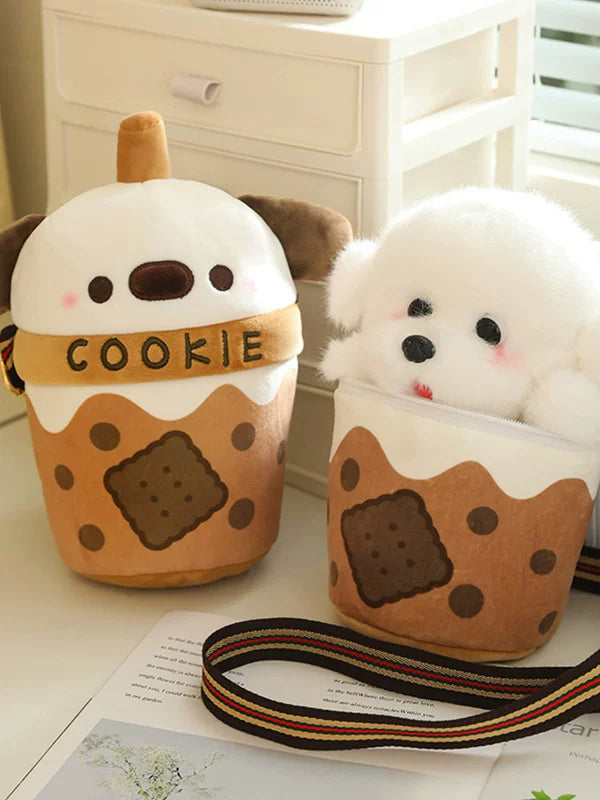 Bubble Tea Cup Plush Bag with Dog Doll