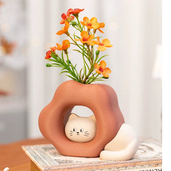 Mischievous Cat Vase and Artificial Flower Ornament