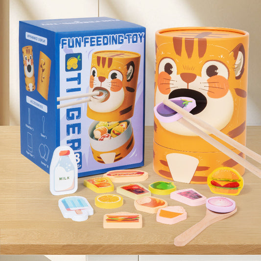 Fun feeding toy set with tiger design packaging on a wooden surface