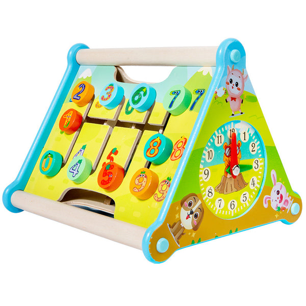 5-in-1 Wooden Montessori Activity Triangle – Learning Clock & Busy Board