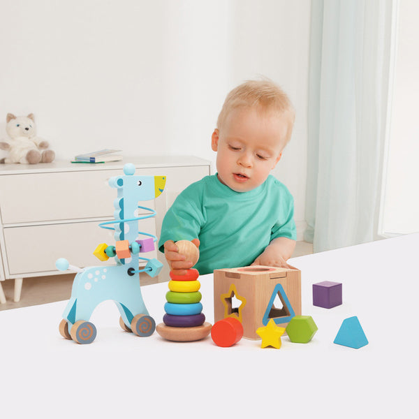 Wooden Early Learning Play Set – 3-in-1 Shape Sorter, Stacker & Bead Maze