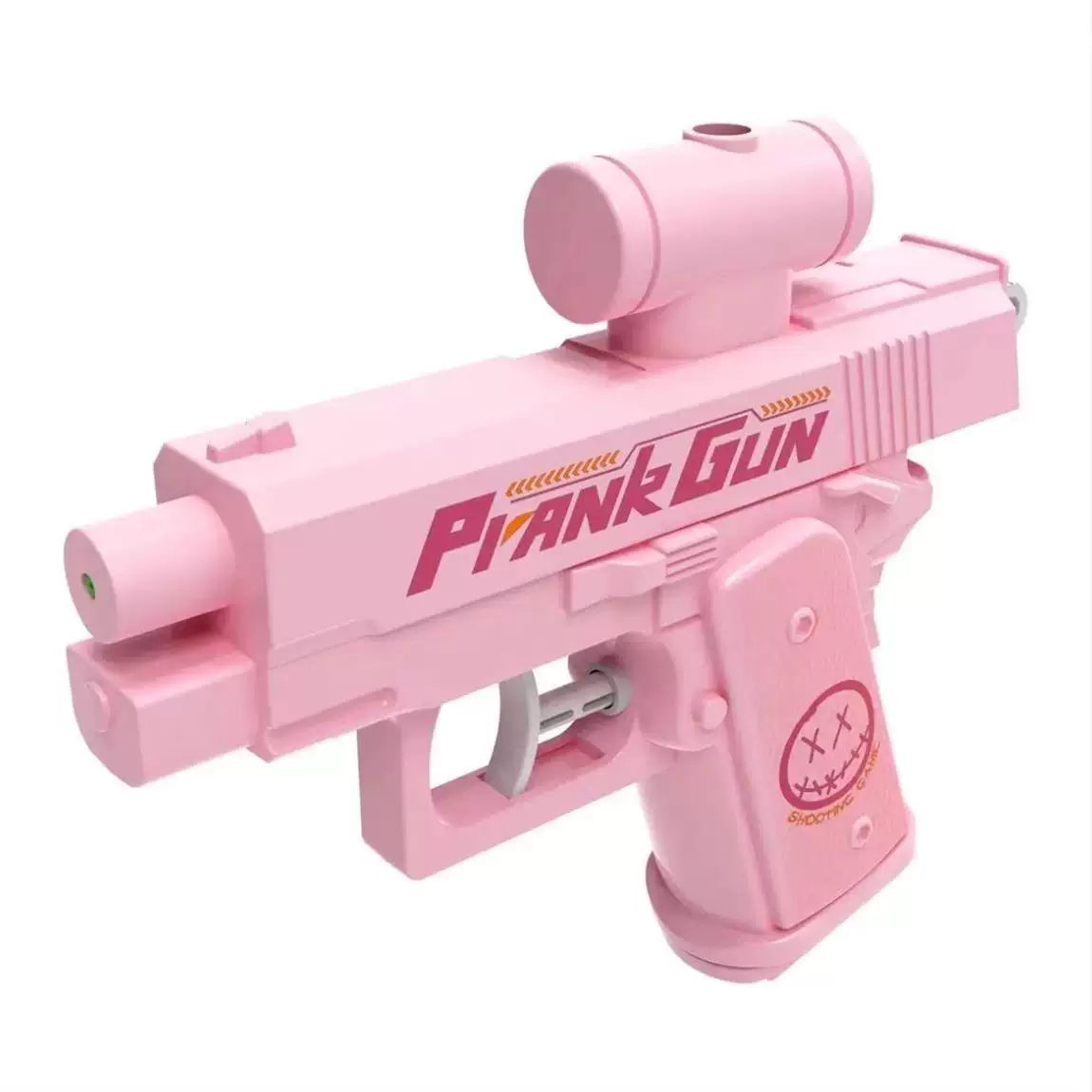 Pink toy gun labeled 'Piranha Gun' on a white background