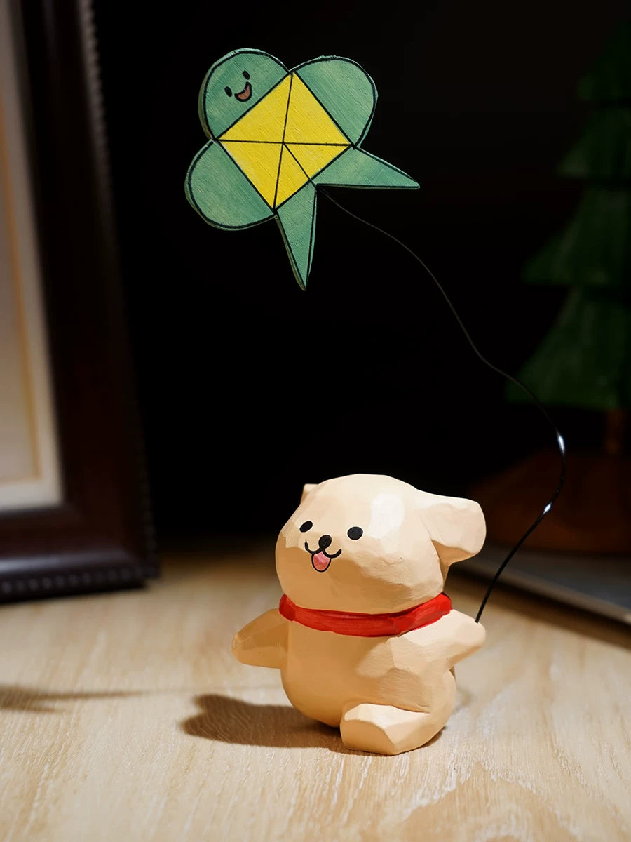 Hand-Carved Wooden Playful Puppy Figurine