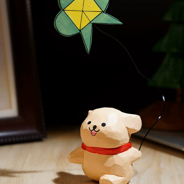 Hand-Carved Wooden Playful Puppy Figurine