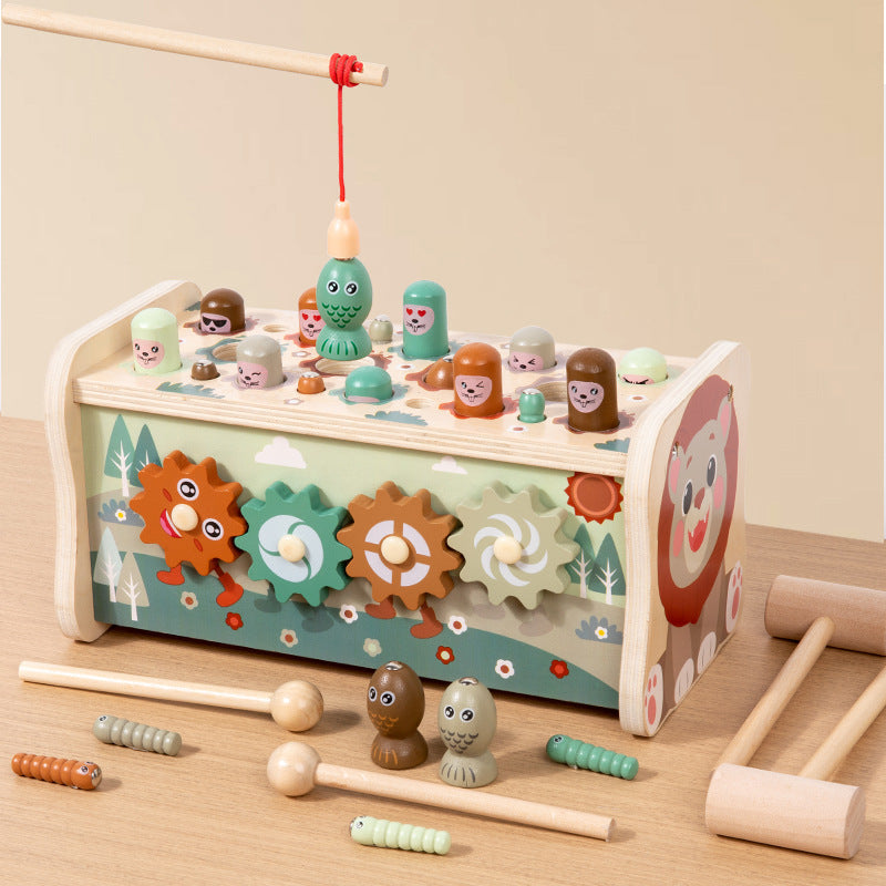 Children's wooden toy with gears and characters on a beige background