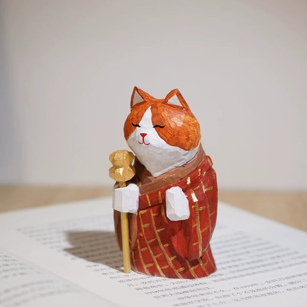 Hand-Carved Wooden Monk Cat Figurine FantastiKurios