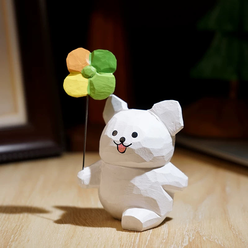 Hand-Carved Wooden Playful Puppy Figurine