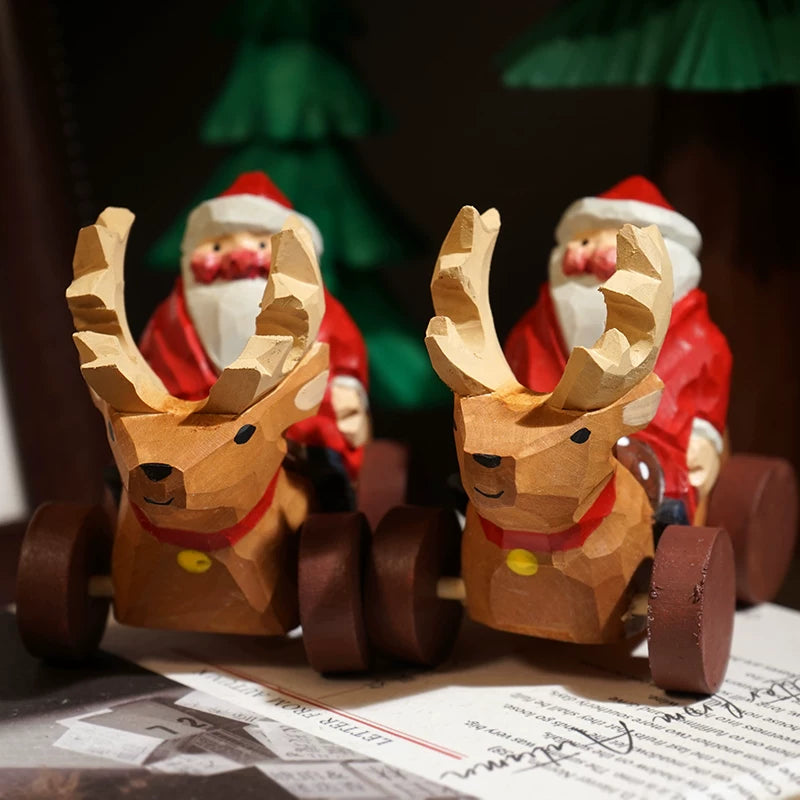 Hand-Carved Wooden Santa and Reindeer Sleigh Ornament FantastiKurios