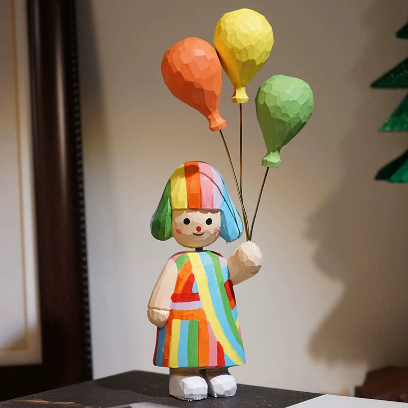 Hand-Carved Colorful Girl and Balloons Wooden Figurine FantastiKurios