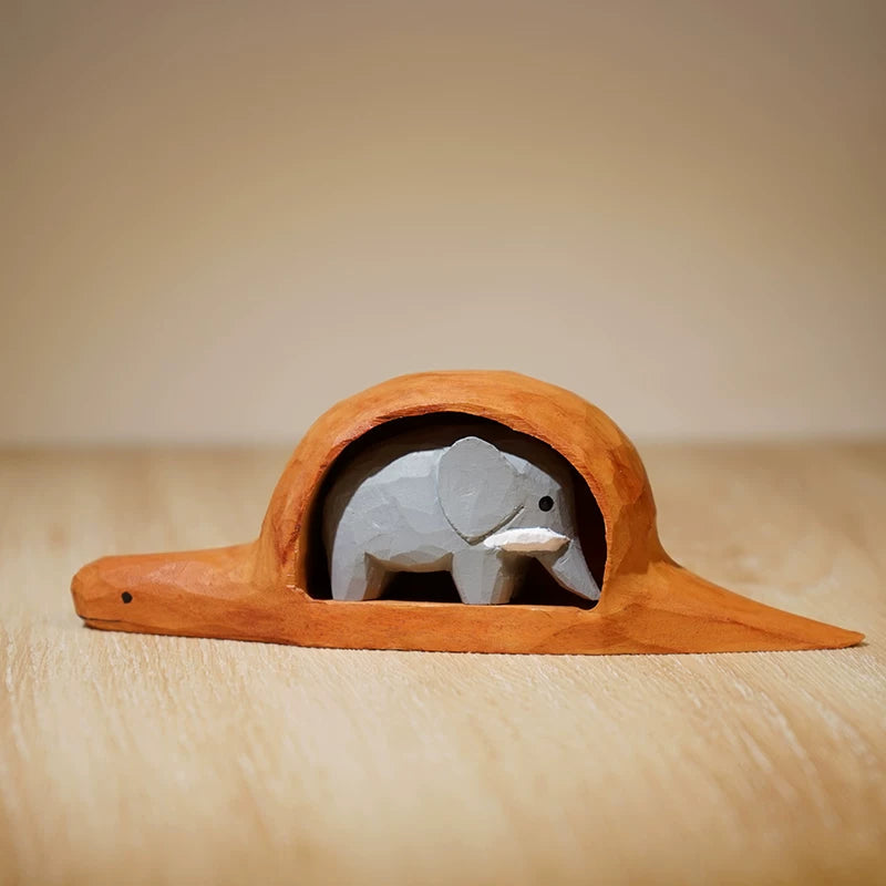 Hand-Carved Wooden Elephant and Snake Figurine FantastiKurios