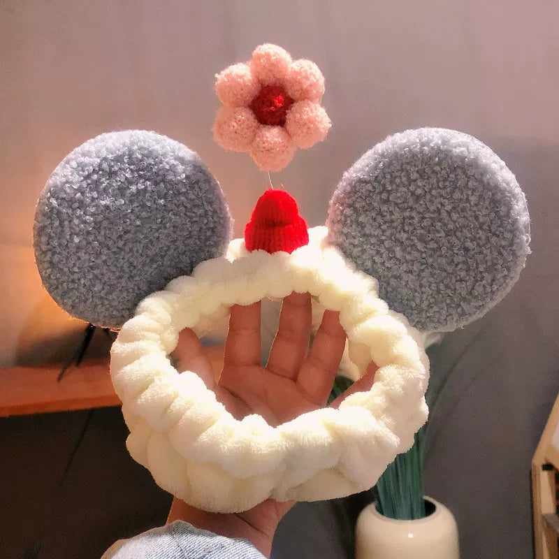 Plush Mouse Ears & Flower Skincare Headband