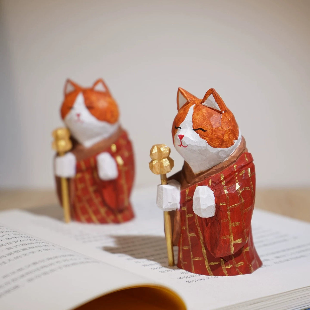 Hand-Carved Wooden Monk Cat Figurine FantastiKurios