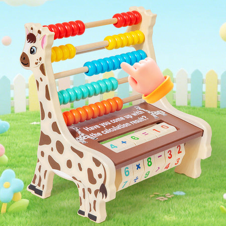 Colorful abacus toy shaped like a giraffe with a cartoon hand on a grassy background