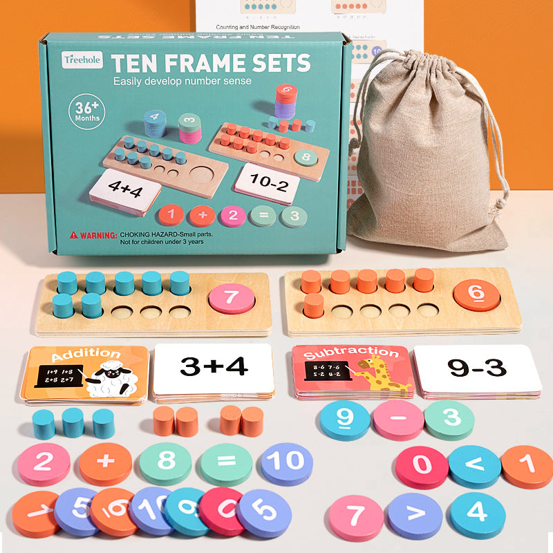 Wooden Ten-Frame Addition and Subtraction Math Set