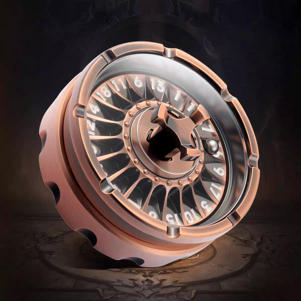 Close-up of a metallic gear or wheel with a dark background