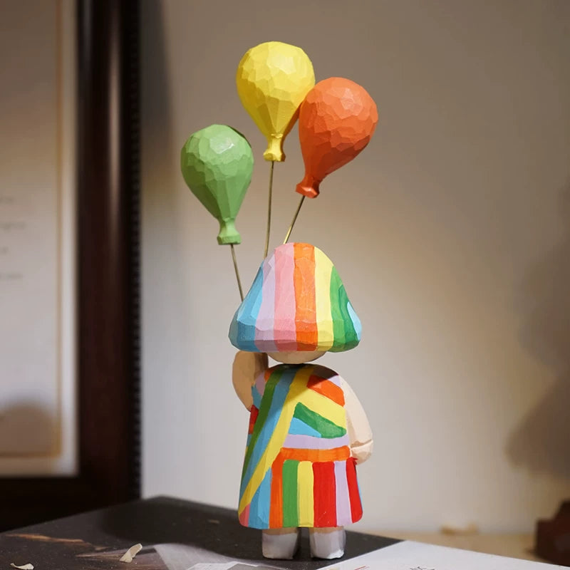 Hand-Carved Colorful Girl and Balloons Wooden Figurine FantastiKurios