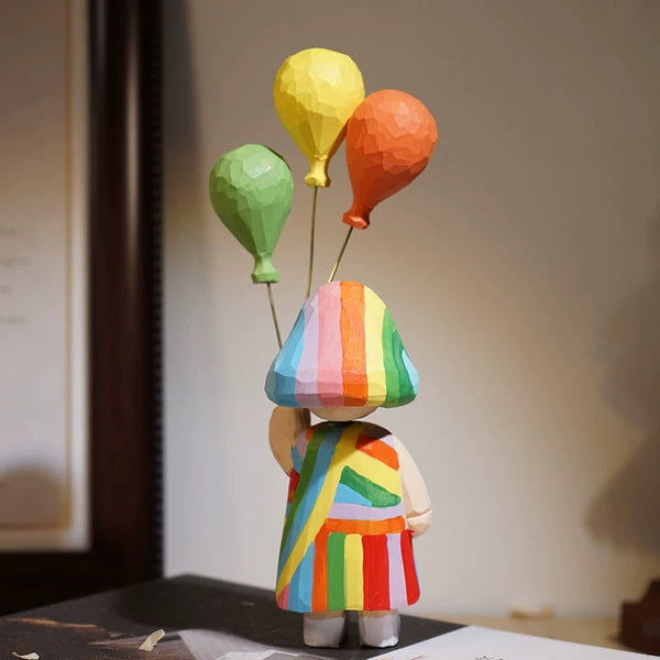 Hand-Carved Colorful Girl and Balloons Wooden Figurine FantastiKurios