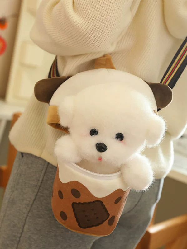 Bubble Tea Cup Plush Bag with Dog Doll