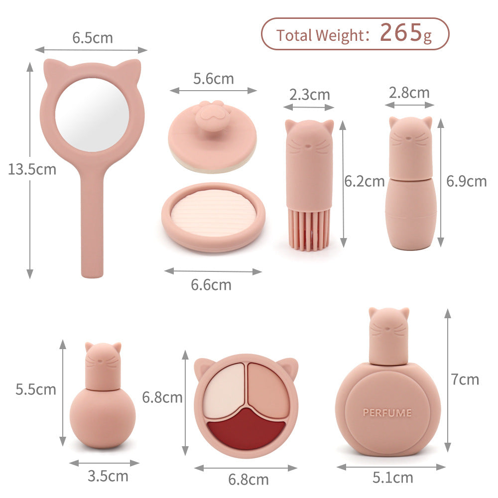 Close-up details of soft silicone pretend makeup toys with rounded edges