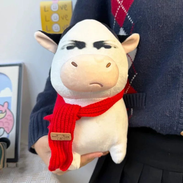 Skeptical Cow Plush Toy with Red Scarf
