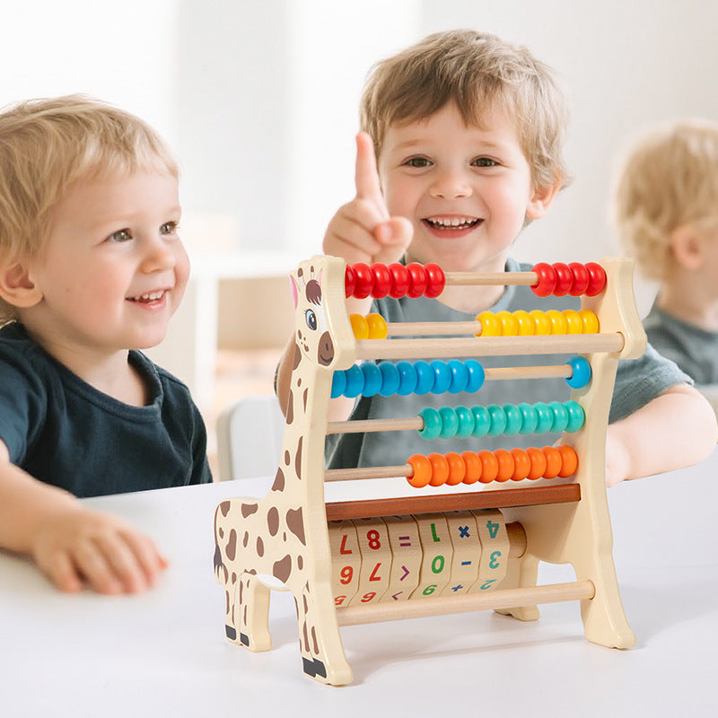Two children playing with a colorful abacus toy on a light surface.