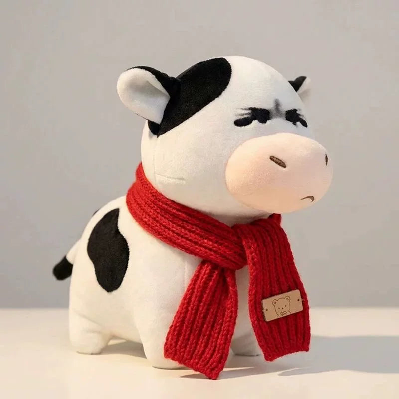 Skeptical Cow Plush Toy with Red Scarf