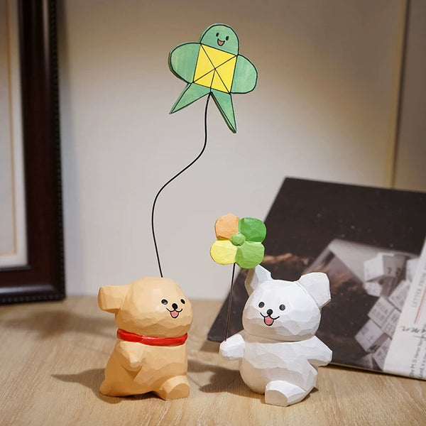 Hand-Carved Wooden Playful Puppy Figurine