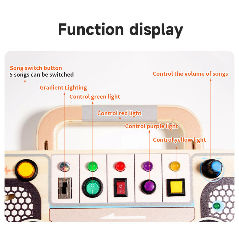 Retro Wooden Boombox Busy Board with LED Lights and Switches
