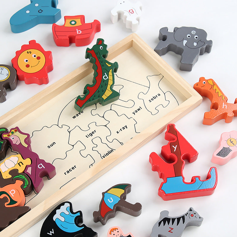Colorful animal-shaped letter puzzles on a white background